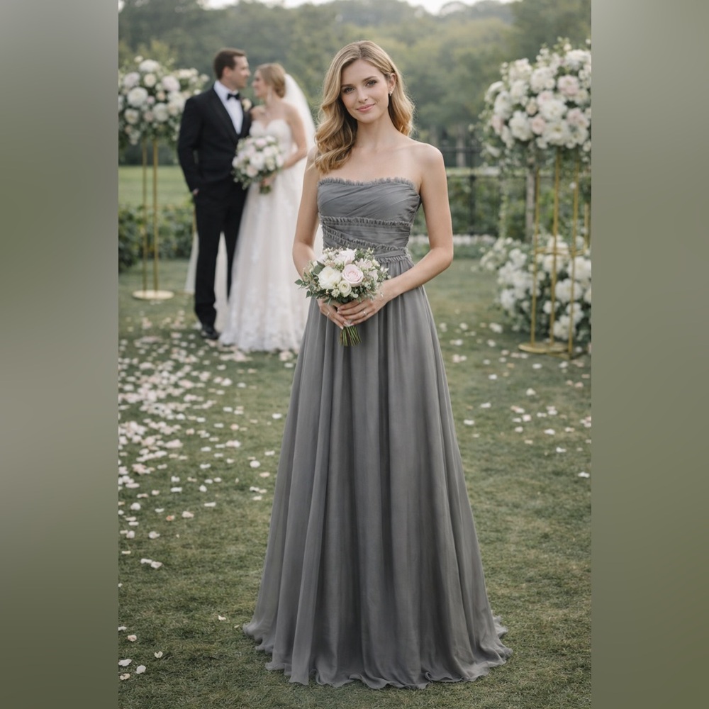 Monique Lhuillier Bridesmaids Gunmetal Chiffon Strapless Maxi Dress Sz 4 NWT
